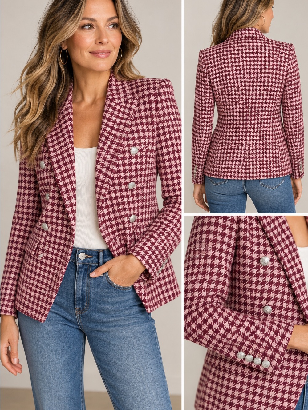 L’AGENCE Houndstooth Kenzie Wool Blend Double Breasted Blazer Burgundy Pink 10